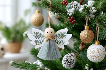 Fototapeta premium Handmade angel ornament hanging on Christmas tree branch