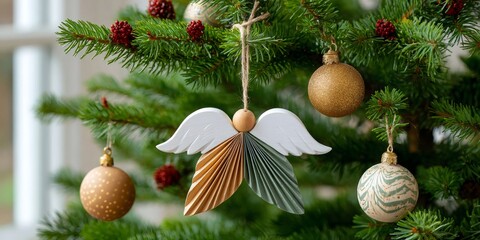 Fototapeta premium Wooden angel ornament hanging on Christmas tree branch