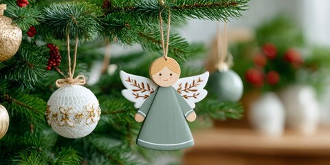 Fototapeta premium Wooden angel ornament hanging on Christmas tree branch