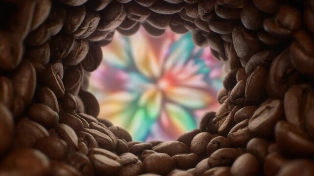 Abstract view into a colorful vortex of aromatic roasted coffee beans, revealing a vibrant pattern
