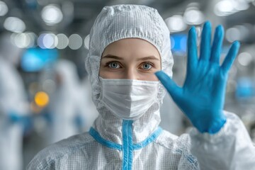 Woman wearing a white lab coat and blue gloves is wearing a mask
