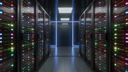 A futuristic server room with rows of glowing computer racks and blue neon lighting. - Powered by Adobe