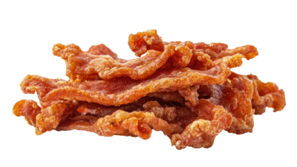 Pork cracklings crispy golden roasted pork skin pieces with crunchy textured surface arranged in detailed view isolated on white background
