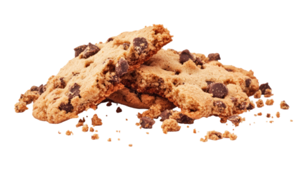 Pile biscuit crumbs flying crunchy broken cookie fragments scattered in dynamic airborne motion isolated on white background