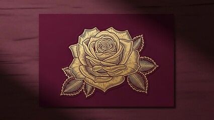 Ornate golden rose embossed on deep red background