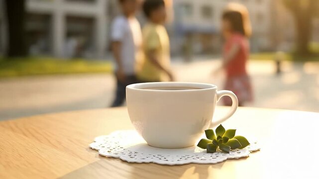 White Ceramic Coffee Cup on Wooden Table in Sunlight with Blurred Background