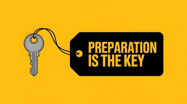 Motivational concept image with key and black tag on yellow background showing the text preparation is the key, symbolizing success, planning, and achievement
