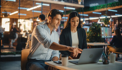 Professional colleagues collaborating on project with laptop in modern open office