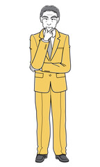 顎に手をあてて立つスーツの中年男性（シンプル）
