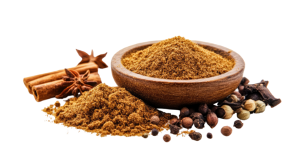Aromatic garam masala finely ground spices bursting upward in scattered airborne motion isolated on white background
