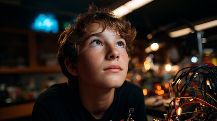 Boy looking at electronics equipment in a lab.