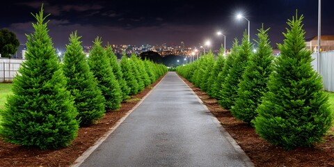 Illuminated urban path with fir trees at night toward city