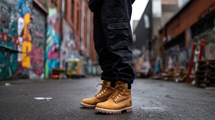 Man wearing boots standing on street near graffiti-covered wall.