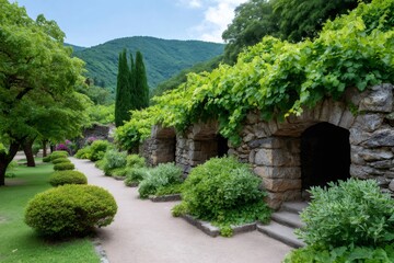 Garden pathway leading past historic stone arches with vines