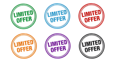 Six grunge limited offer rubber stamps in bright colors on transparent background