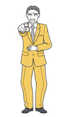 指をさしてあざ笑うスーツの中年男性（シンプル）