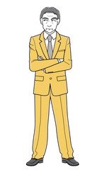 腕を組んで考え事をしているスーツの中年男性（シンプル）