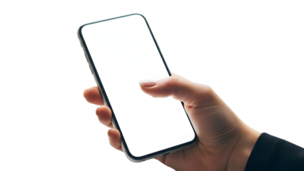 Hand holding blank smartphone mockup with white screen isolated on transparent background