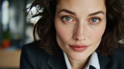 Woman in suit looking directly at camera.