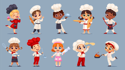 Kid cook chefs, cooking children in toque. Adorable cartoon vector kids dressed in colorful uniforms, each holding cooking tools, pastries or ingredients, conveys cooking, fun and culinary exploration
