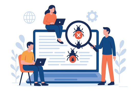 Developers fixing bugs on computer screen, teamwork concept showing programmers detecting errors and testing code together for software improvement, Flat Vector Illustration