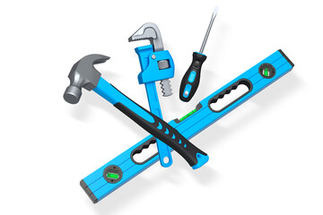 Various construction tools like hammer, pliers, screwdriver and tape measure, isolated on white background, concept of home repair