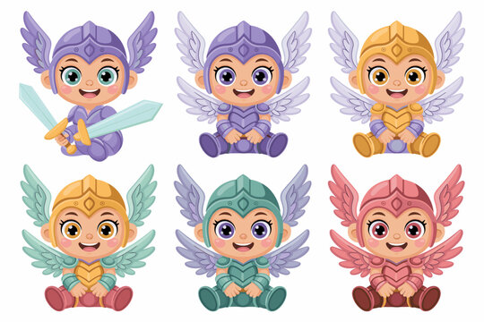Six colorful cute baby warrior valkyries vector illustration characters sitting in stylized mythological armor with winged helmets and swords, representing childhood protection and strength for graphi