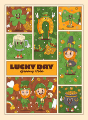 St Patrick Day holiday groovy characters poster, vector irish holiday. Cartoon groovy St Patrick Day clover, green beer and cute leprechaun characters. Funny gold pot, horseshoe and bowtie poster
