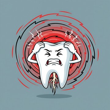 Cartoon tooth with pulsing headache/pain halo. symbolizing throbbing, acute pain, headache, or severe dental sensitivity.