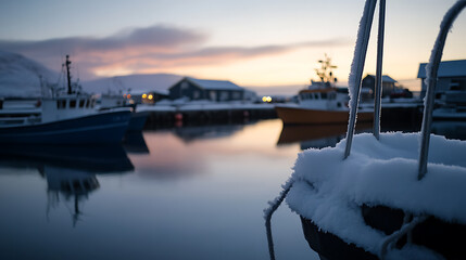 Quiet harbor scene with fishing boats moored at dawn, reflecting pastel skies in the calm water. Snow lightly covers the boats and surrounding landscape. Serene & peaceful.