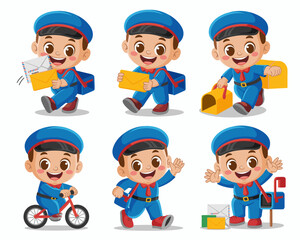A comprehensive, smiling, cheerful cartoon postman boy character set in a bright blue uniform, carrying envelopes and packages, isolated vector illustration collection for happy mail delivery, postal