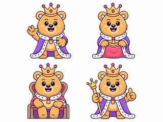 Obraz premium Charming cartoon mascot bear king bundle presenting various royal poses, including waving, holding a golden scepter, sitting on a majestic throne, and giving a confident thumbs up, representing leader