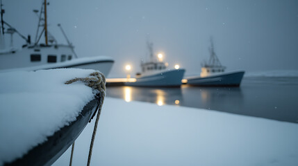 Naklejka premium A winter scene with snow-covered boats moored at a quiet harbor, their lights reflecting on the water. The serene atmosphere is a reminder of the sea's quiet beauty.