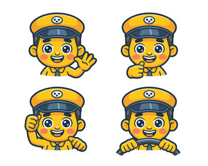 Cute cartoon taxi driver mascot set offering professional transport services, including happy cheerful man waving, giving thumbs up for excellent rating, pointing directions, and driving a yellow cab,