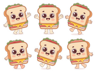 Cute kawaii food mascot characters set of six happy sandwich slices with melting cheese, ham, and fresh lettuce, walking, running, and dancing, designed for fun restaurant branding, healthy nutrition