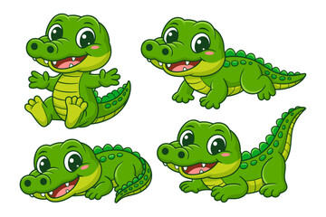 Adorable baby crocodile and alligator cartoon mascot character set illustration featuring four different happy, smiling, and playful reptile poses, ideal for vector graphics, educational materials, ch