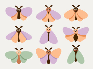 Cute cartoon moths and butterfly collection vector illustration set featuring simple flat design elements in pastel colors like purple, peach, and sage green, perfect for cheerful kids' nursery decora