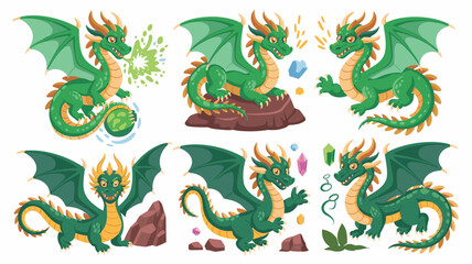 Six adorable emerald green fantasy dragons collection in multiple cheerful vector poses, sitting on rocks, flying, and guarding magic gems and colorful crystals, perfect mythical creatures for fun cre