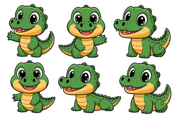 A cute baby cartoon crocodile alligator character mascot vector illustration set collection, depicting various happy, friendly, and smiling poses, isolated on white background, perfect for educational