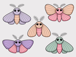 Adorable cartoon pastel moths vector illustration set collection, featuring friendly smiling insects like butterflies in purple, pink, peach, and mint colors, ideal graphic elements for children's edu