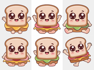 Six adorable kawaii cartoon sandwich characters smiling happily, dynamic vector illustration featuring bread, fresh lettuce, ham, and cheese fillings, ideal for fun kids menus, healthy food education,