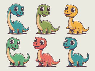 A delightful collection of six adorable, smiling baby sauropod dinosaurs, including vibrant green, teal blue, cheerful yellow, and playful red brontosaurus characters, presented as cute cartoon vector