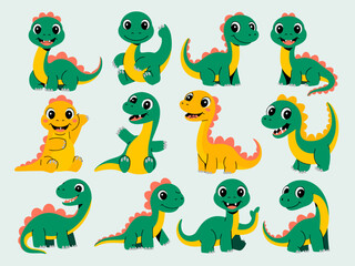 A large collection of twelve adorable, cute cartoon baby dinosaur characters set, featuring happy green and yellow prehistoric reptile illustrations and playful friendly mascots in various poses, idea