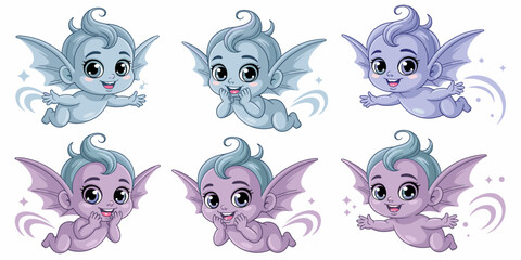 Adorable vector cartoon baby imp characters set, mythical creatures flying and smiling, blue and lavender chibi monsters for cute Halloween design, spooky fantasy nursery decoration, digital graphic a
