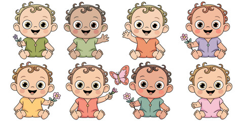 Collection of eight cheerful, multicultural cartoon baby infants sitting, smiling, and playing with flowers or waving, showing diverse skin tones and colorful clothes, an adorable vector illustration