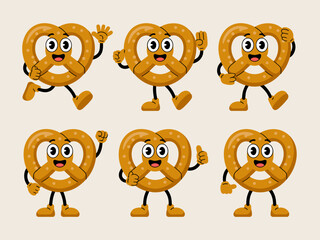 Animated cartoon pretzel character vector collection displaying cheerful emotions like running, walking, waving, and thumbs up, providing funny graphic resources for Bavarian snack branding, promotion