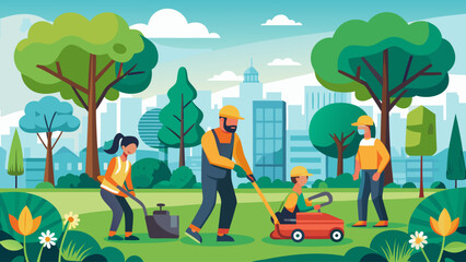 A group of people are working in a park, with a man pushing a red toy car. The scene is lively and cheerful, with the people enjoying their time outdoors