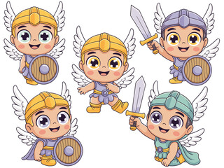 Adorable chibi cartoon baby Viking warriors, a collection of happy mythological heroes wearing winged helmets, wielding swords and round shields for ancient Norse fantasy adventure concepts, vector gr