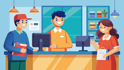 A man in a yellow shirt is standing behind a counter with a woman in a red dress standing in front of him. The man is smiling and the woman is smiling as well. There are several books in the scene