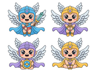 Four cute chibi baby Valkyrie warriors isolated vector illustration, showcasing adorable Norse mythology fantasy characters with wings, helmets, capes, holding swords and shields, perfect cartoon grap